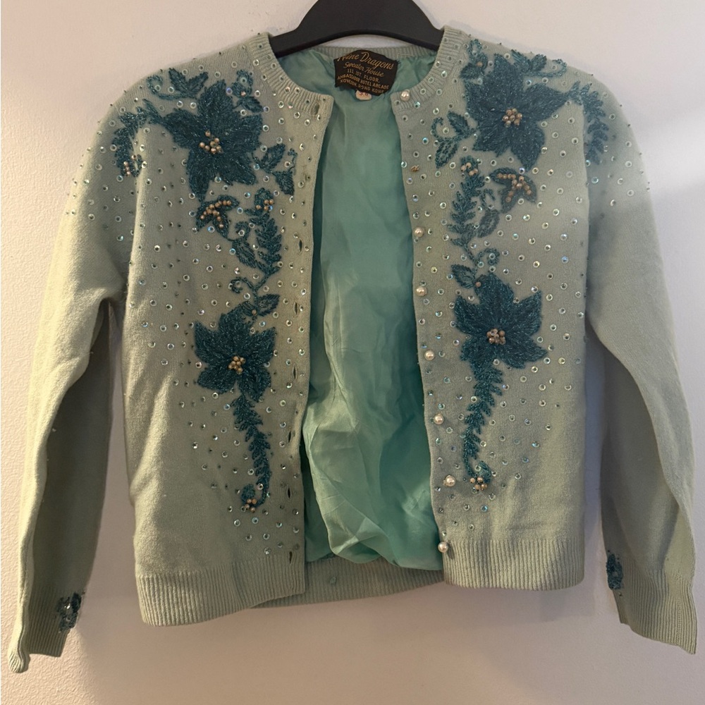 Vintage Embellished Aqua Lined Cardigan with Floral Appliqués.